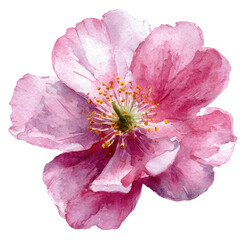 A close-up watercolor painting of a pink flower, fully bloomed, with detailed yellow center