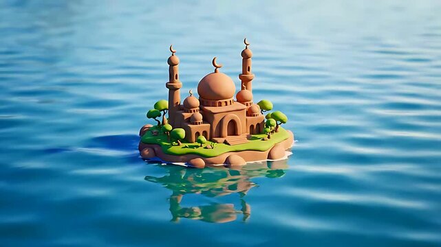 Detailed claymation rendering of a small mosque sanctuary resting peacefully on a vibrant, miniature floating island surrounded by clear blue water.