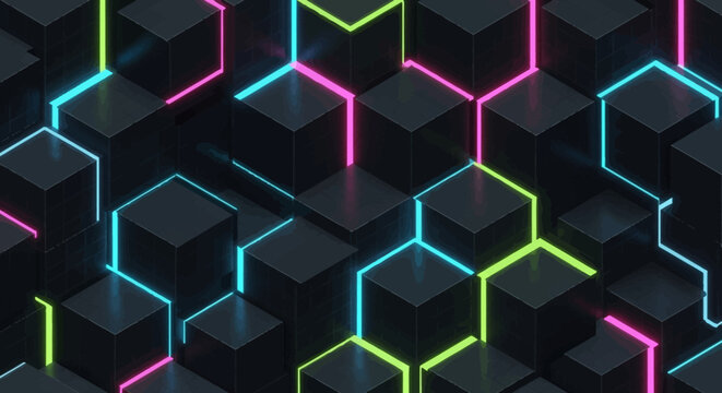 Vibrant neon lights outline futuristic black cubes in dynamic tech background