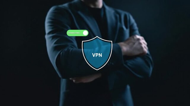 Close-up of hand pressing digital ON switch to enable VPN service for private browsing, anonymous browsing, data encryption protection and secure online network for personal privacy