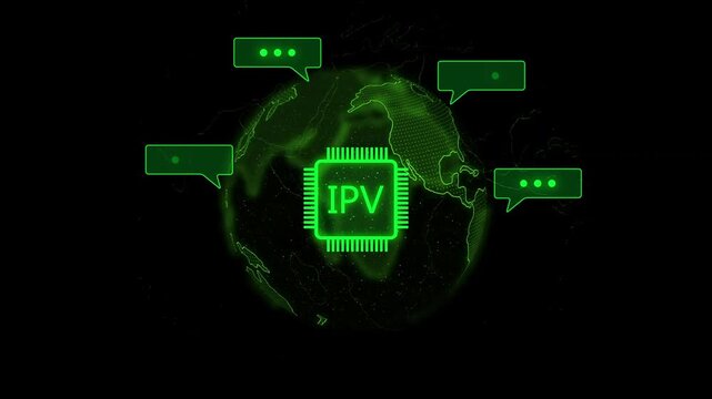 Global Network I P V Internet Protocol Address Technology Concept with Chat Bubbles on Black Background