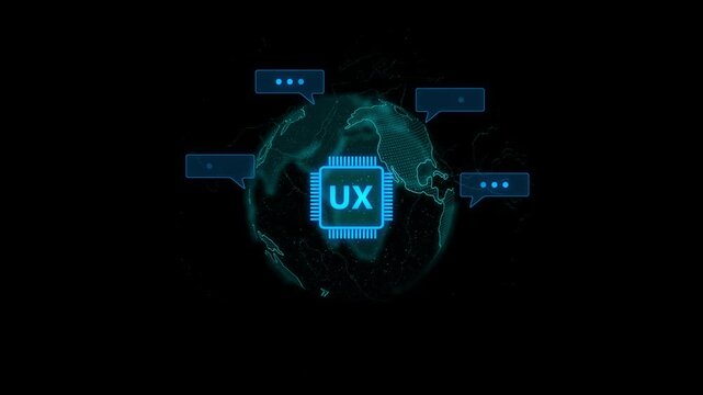 U X concept with global communication network and speech bubbles on a digital map UX user experience