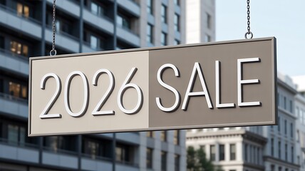 2026 sale sign hanging on modern city building
