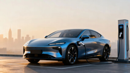Obraz premium A futuristic blue electric vehicle charges at a charging station against a city skyline background, presenting a tech-savvy scene of eco-friendly travel, making it a material image suitable for new en