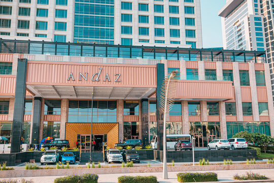 1 December 2025, Doha, Qatar: Modern luxury hotel Andaz building with distinguished architecture, reflecting urban lifestyle and travel