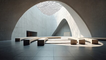 Obraz premium Modern minimalist interior with curved benches and natural light