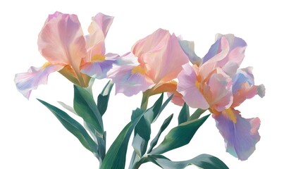 Obraz premium illustration of a flowers consition, fluid moviment of tulips and irises with pale pink colors and green leaf edges, painted with colored pencils on a white background