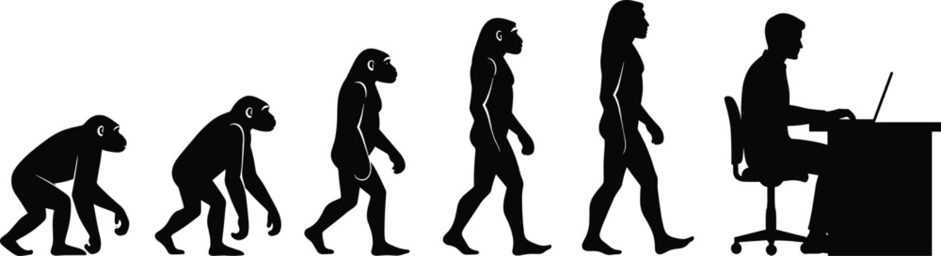 Evolution of Humans from Primate to Modern Laptop Worker, Silhouette Illustration Depicting Technological Progress and Contemporary Digital Lifestyle
