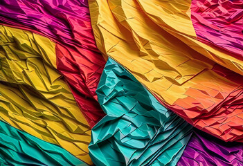 Close-up of a background made of bright multi-colored crumpled paper or fabric