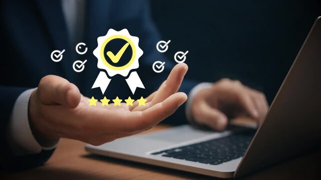 Businessman shows the sign of the top service Quality assurance 5 star, Guarantee, Standards, ISO certification and standardization concept, the best of product and service, the best quality very good