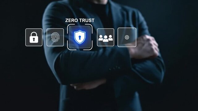 Zero Trust security concept. Businessman Touching with virtual Zero Trust icons on business data security networks, enhanced by AI technology, 4k video clip