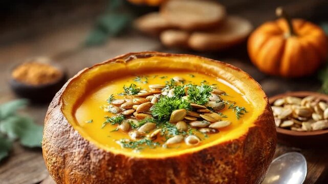 Creamy pumpkin soup served in a pumpkin bowl with seeds on rustic table. Creamy pumpkin soup served in a hollowed pumpkin bowl, garnished with herbs and pumpkin seeds