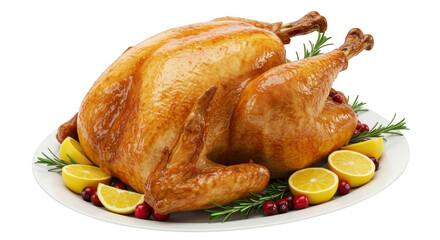 Whole roasted turkey with lemon and rosemary isolated on transparent background
