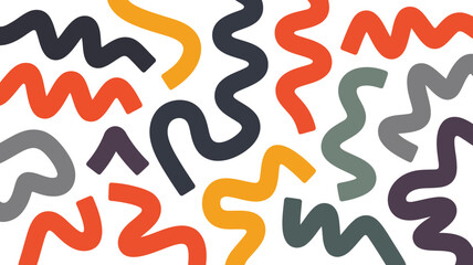 A collection of colorful hand drawn wavy and squiggly line shapes forms an engaging modern pattern
