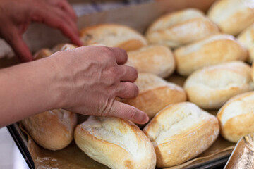 Baker hands arranging fresh baked bread buns on a tray in a kitchen representing manual labor in food production.