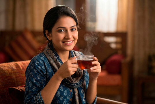 Smiling Indian woman holding a steaming glass cup of hot tea while sitting on a sofa in a cozy home environment with warm golden lighting