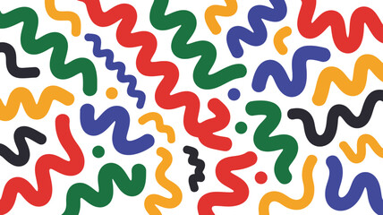 A lively arrangement of colorful wavy lines and scattered dots on a clean white surface