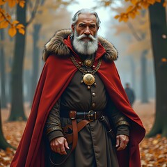 Older Man in Regal Cloak Stands Among Autumn Trees