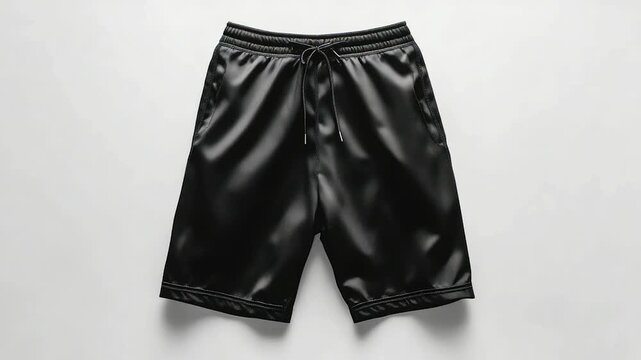 Black, glossy athletic shorts with drawstring on white background