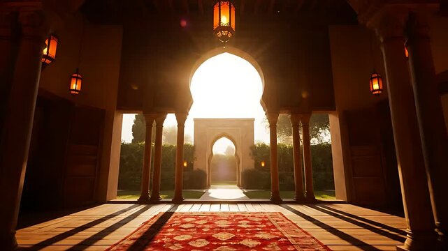 Ornate traditional moroccan interior hallway featuring carved arches and hanging lanterns leading toward a bright, sunlit courtyard view