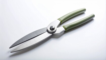 Pruning Shears with Green Handles on a Bright White Background Overhead Shot