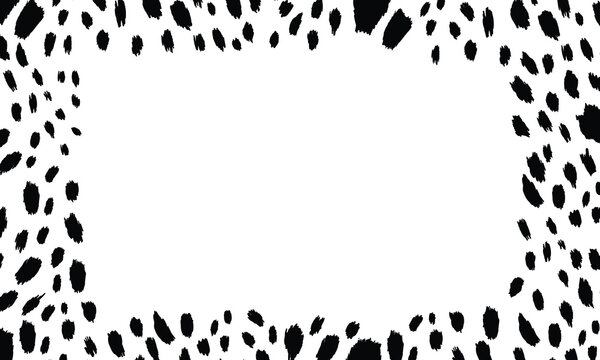 Black and white frame with modern ornament of stylized leopard skin. Squared pattern for poster. Decorative abstract border with animal ornament. Trendy leather skin. Copy space. Vector illustration.