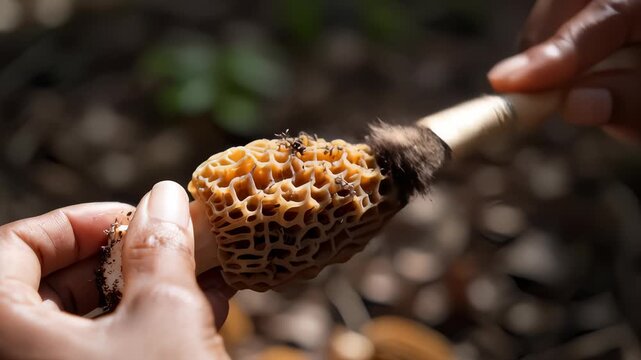 Person Brushing Dirt From Morel Mushroom, Close Up