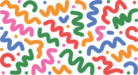 A playful pattern features colorful squiggly lines and small polka dots scattered across a bright white background