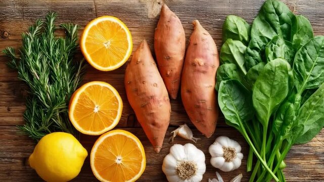 Fresh vegetables, citrus fruits, herbs and garlic on rustic wooden table top. A flat lay of seasonal fall foods high in vitamins, like citrus, sweet potatoes, garlic, and leafy greens