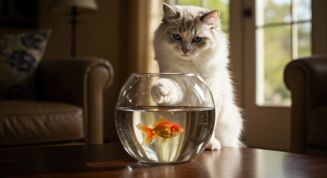 A white cat sitting next to a fishbowl on a wooden table