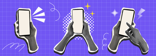 Phone in hand cutout halftone collage elements. Pop art set retro phone with empty screen sticker. Social media poster. App cover mockup. Smartphone blank display.