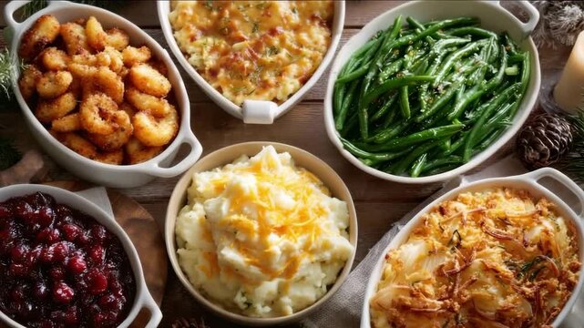Delicious holiday side dishes in ceramic bowls on rustic wooden table with greenery. Christmas Side Dishes Everyone Loves