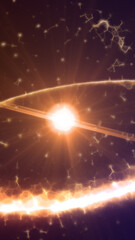 Fototapeta premium Radiant orange cosmic burst with glowing rings and star-like particles swirling around a bright central core