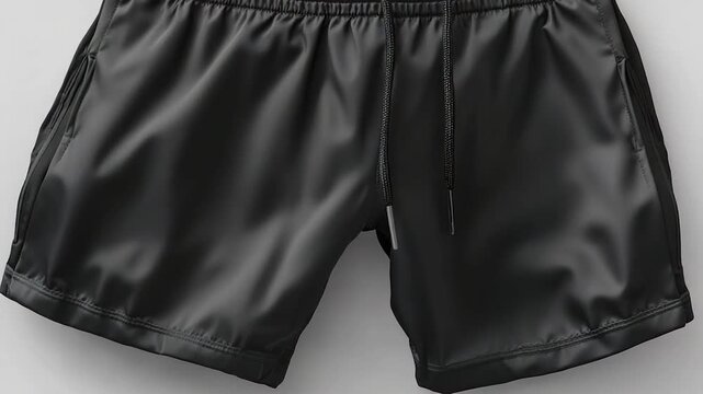 Close-up of black shorts made of a smooth material, drawstring visible, set against a light background