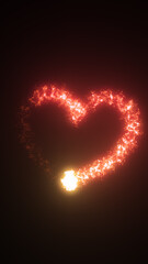 Glowing heart shape formed by fiery light particles on a dark background