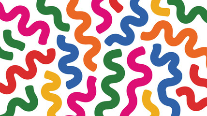 A vibrant playful pattern of colorful wavy lines on a clean white surface creating a cheerful visual