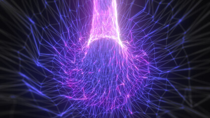 Glowing purple wireframe mesh forming a spiraling node of digital energy, creating a deep geometric vortex with neon highlights
