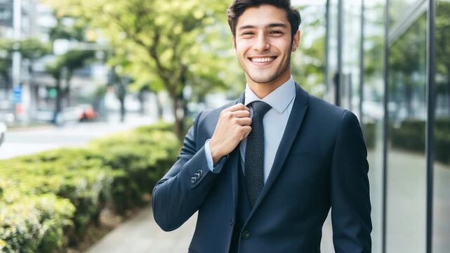 Confident man in a navy suit smiles in front of a building with a row of trees in the background