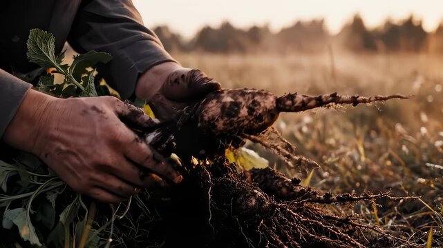 Farmer's Hands Harvesting Fresh Turnips in an Agriculture Field at Dawn