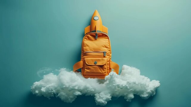 An orange school backpack rocket launches from white clouds, igniting new journeys back to school, inspiring learning, knowledge, creativity, and imagination for education