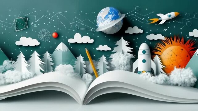 Open book shows a paper craft universe with planets, rockets, sun, and nature. This embodies back to school, learning, education, knowledge, creativity, and school life