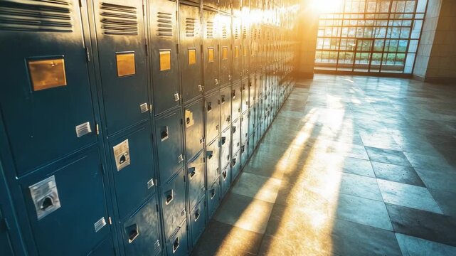 A long school hallway features a row of classic blue lockers, bathed in warm sunlight from a large window, symbolizing education and fresh knowledge for students