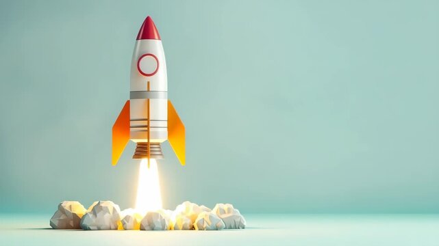 A miniature rocket launching upwards symbolizes new educational beginnings and imaginative learning for students on a clear background