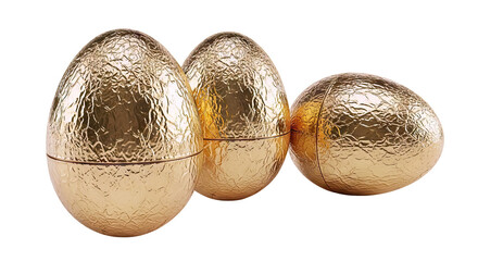 Fototapeta premium Three golden Easter eggs with a textured foil finish on a white background