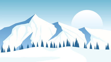 Snowy mountain landscape illustration with snow hill and pine trees