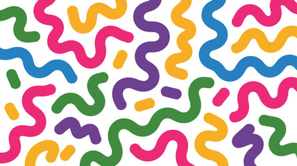 Bold colorful wavy lines and pill shaped elements fill a clean white space creating a playful composition