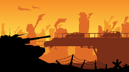 Apocalypse landscape illustration with  destroyed city and warfare