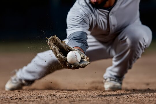 Baseball player fielding a ball with a glove on a dirt field. Close up action of an athlete catching a baseball with dust flying