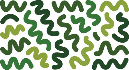 Varied shades of green wavy shapes and squiggles ripple across a crisp white surface