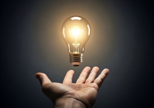 A hand holding a glowing light bulb in mid-air, symbolizing idea generation and innovation from a unique perspective